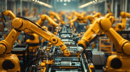 Fototapeta premium Yellow Industrial Robots Working on an Assembly Line