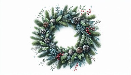 Ein traditioneller  dekorierter Weihnachtskranz / Advenzkranz aus grünen Tannenzweigen auf einem hellen Hintergrund. Generative KI.