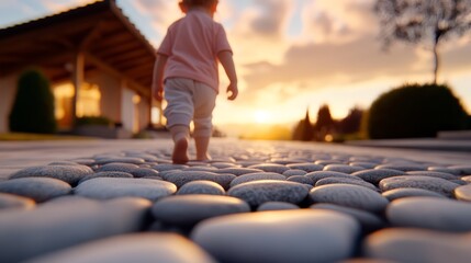 Obraz premium A small child walking on a stone path in front of a house