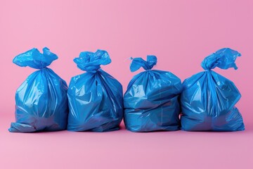 A collection of blue trash bags against a bright pink background