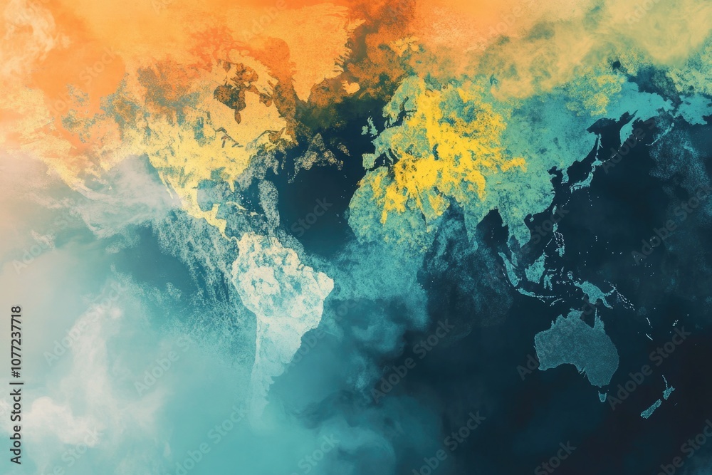 Poster An abstract representation of a world map with vibrant colors and unique shapes
