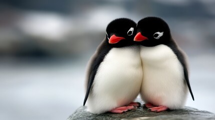 Fototapeta premium A couple of penguins standing on top of a rock
