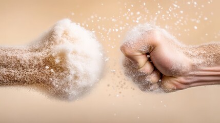 Fototapeta premium A man's fist punching another man's hand with sugar coming out of it