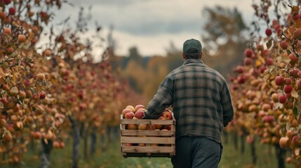 Farmer Carrying a Crate of Apples in an Orchard