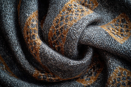 Soft woven fabric with intricate patterns in gray and rust colors
