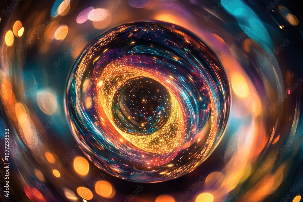 Poster A spiral shaped object with multiple lights in the background, suitable for use in science or technology illustrations