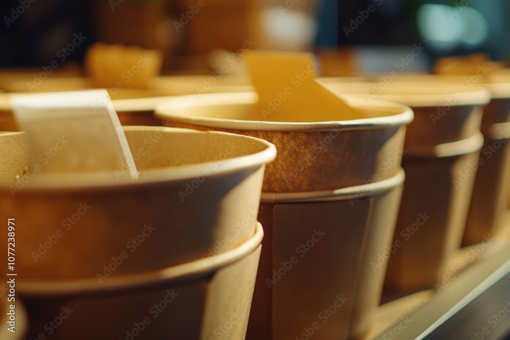 Poster a row of paper cups stacked on a shelf, perfect for office or event supply