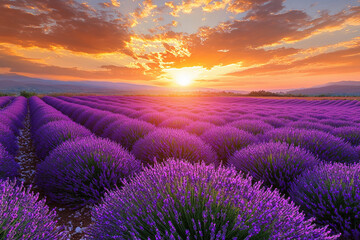 Obraz premium Lavender fields in full bloom at sunset in the countryside