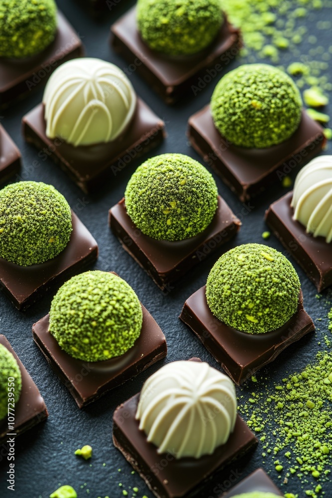 Poster a close-up shot of a tray filled with chocolates covered in green and white frosting