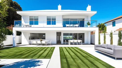 a house with a lawn and a lawn with a lawn and a blue sky