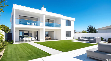 a house with a lawn and a lawn with a lawn and a blue sky