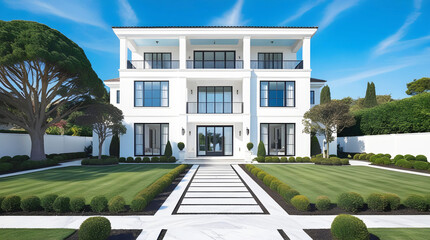 a house with a lawn and a lawn with a lawn and a blue sky
