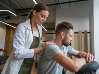 Obraz premium Fisioterapeuta dando un masaje de espalda a un paciente en una clínica moderna 