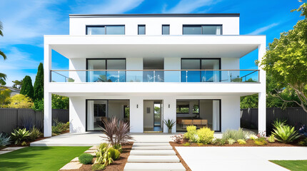 a house with a lawn and a lawn with a lawn and a blue sky