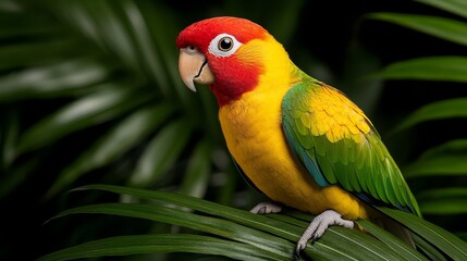 Obraz premium A colorful parrot sitting on top of a green leaf