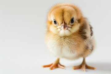 Fototapeta premium A small chicken standing on a white surface