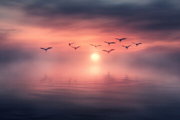 Obraz premium Birds Gliding in Formation: Photograph a serene scene of birds flying in a rhythmic, graceful formation against a soft sunset.