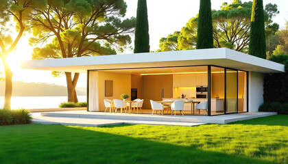 a house with a table and chairs and a table with chairs