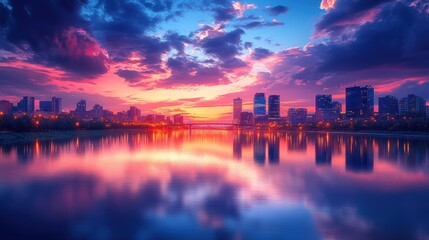 Fototapeta premium A vibrant city skyline reflected in a calm river at sunset.