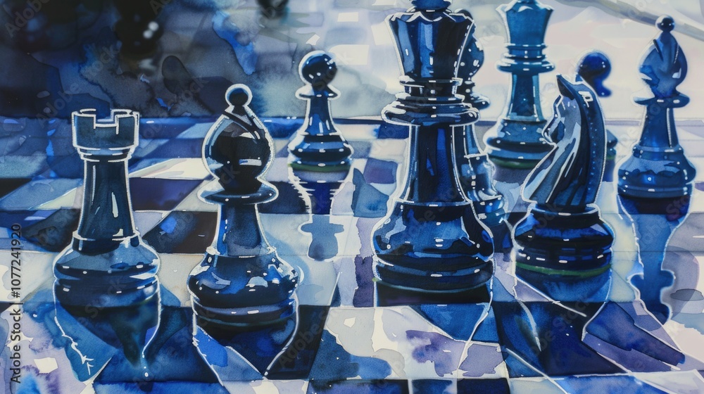 Poster a traditional chess game scene with various pieces arranged on the board