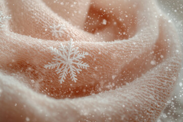 Fototapeta premium close up of a snowflake on a rose wool scarf