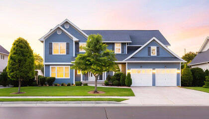 a blue house with a blue roof and a blue house with a tree in the front