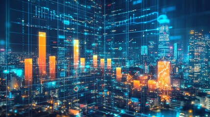 Naklejka premium Futuristic Cityscape with Digital Grid Overlay and Data Visualization