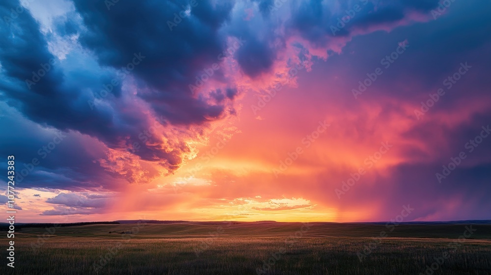 Poster a serene scene of the sun setting behind a field of green grass, ideal for use in travel or nature-t