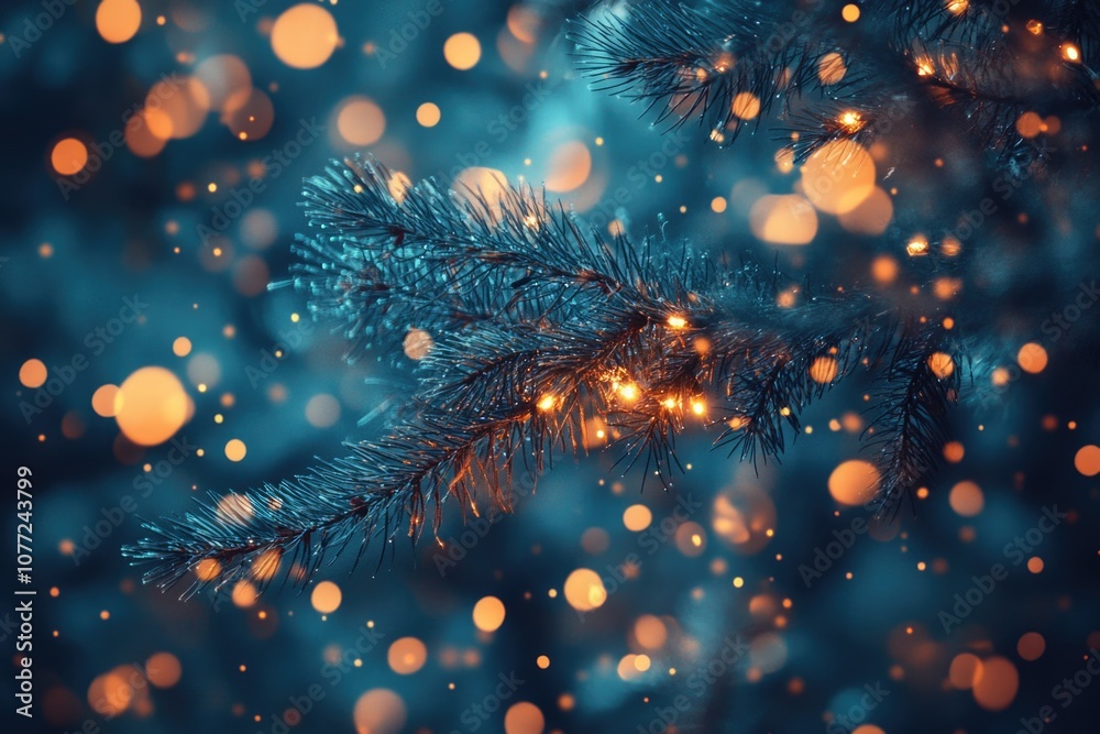 Poster Close-up of a pine tree illuminated by lights in the background