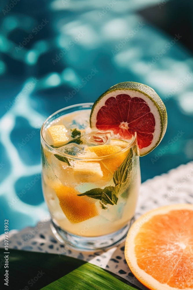 Poster A drink with a slice of grapefruit on the side, simple and refreshing