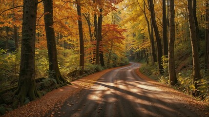 Obraz premium Scenic Autumn Forest Road with Sunlight Streaming Through Fall Foliage
