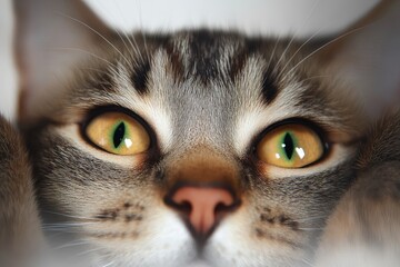  A close up of a cat's face with green eyes