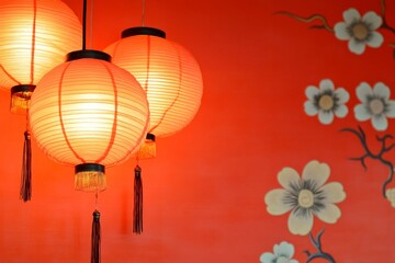 Obraz premium Decorative red lanterns illuminate a vibrant Chinese New Year background with elegant floral motifs and festive spirit