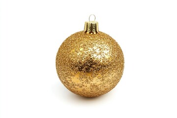 A shiny gold Christmas ornament on a clean white background