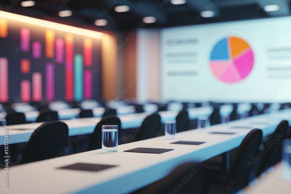 Poster A modern conference room with several tables and a projector screen for presentations