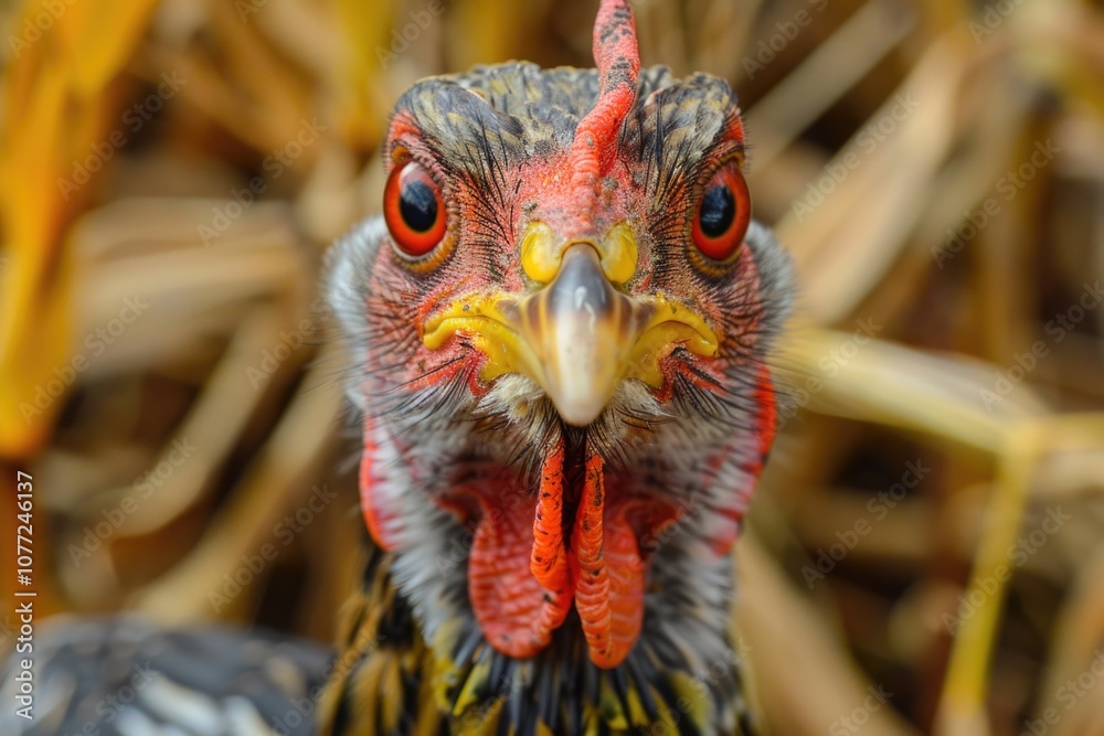 Poster a close-up view of a bird's head, featuring a bright red beak