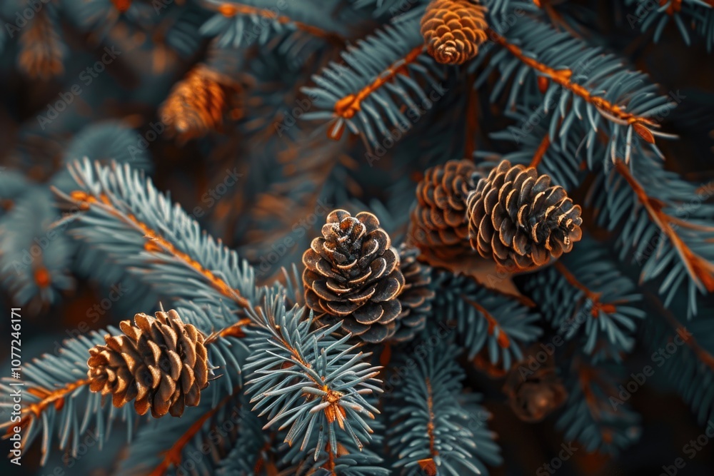 Poster close-up shot of pine cones attached to a tree branch