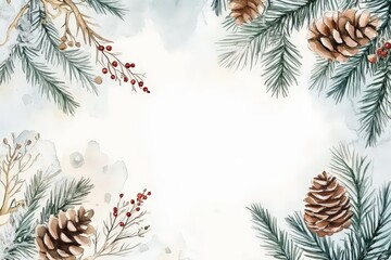 Naklejka premium A serene winter background featuring pine cones and evergreen branches with a subtle watercolor effect, perfect for holiday themes