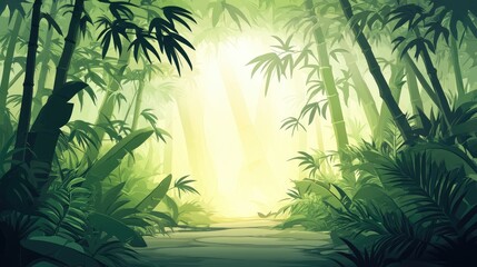 Naklejka premium Serene Bamboo Forest at Sunrise with Lush Greenery
