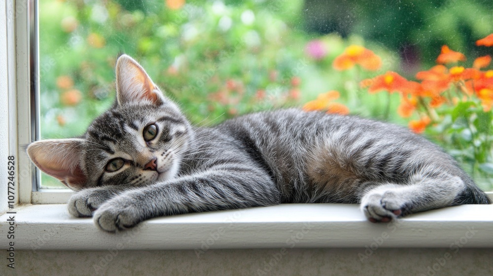 Poster a domestic cat relaxing on a windowsill with the outside view