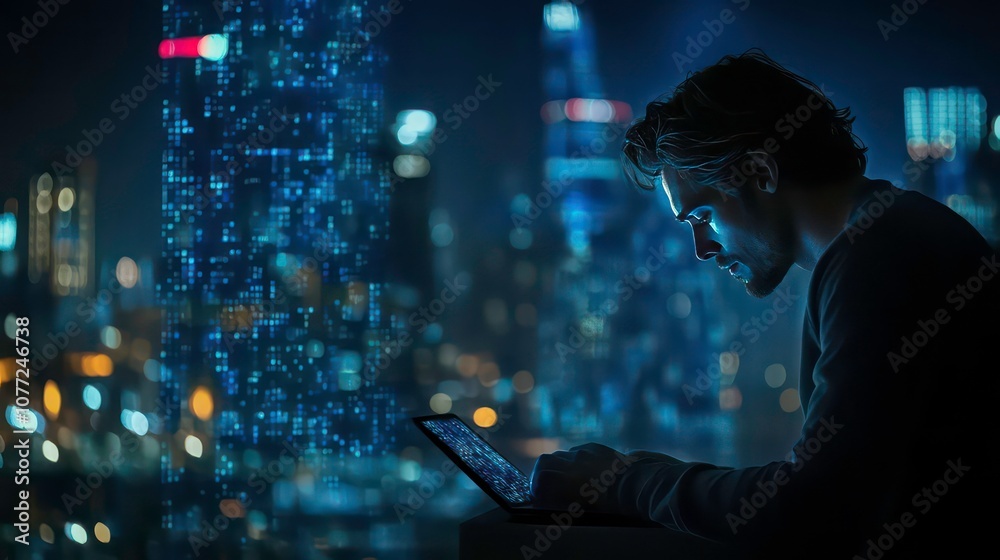 Poster a man working on a laptop at night in a city with a digital skyscraper in the background.