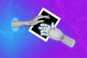 Composite trend artwork 3D sketch image photo collage of cyberspace ai bot virtual anonymous hand gesture connection deal tablet display