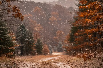Fototapeta premium A tranquil forest path meanders through trees adorned with vibrant autumn leaves as snowflakes descend softly, creating a peaceful winter wonderland atmosphere in the woods