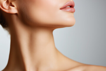 Close-up of a woman’s neck and jawline with smooth, flawless skin, highlighting beauty and skincare focus. Minimalistic background for elegance.