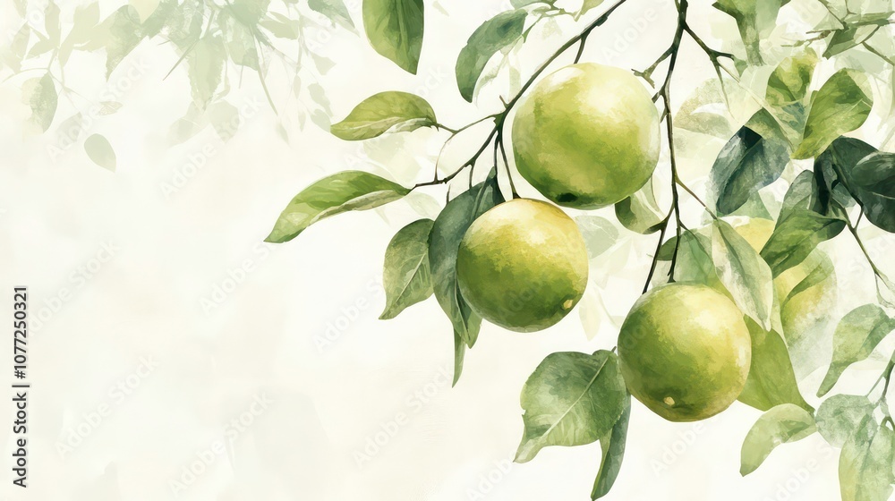 Poster close-up of three green oranges on a branch with green leaves against a white background.