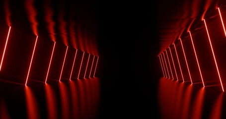 Fototapeta premium Futuristic interior background red lights glowing in black tunnel 3d render