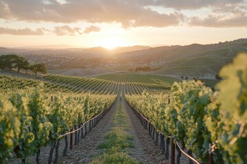 Fototapeta premium A vineyard with rows of grapevines stretches into the distance as the sun sets over the hills.