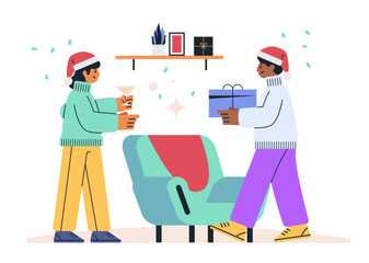 Christmas celebration scene with two people exchanging gifts and drinks in festive attire with a cozy chair and shelf decor