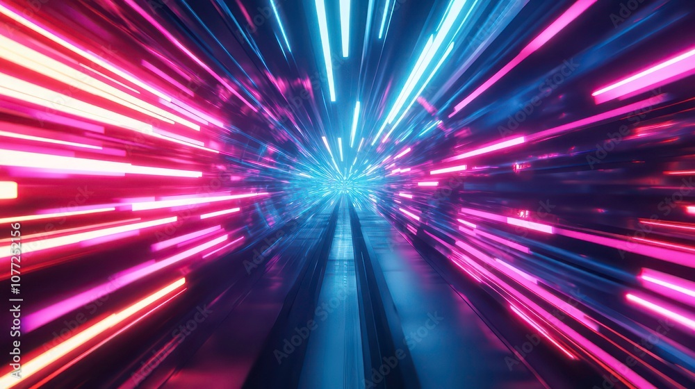 Poster Futuristic abstract illustration with neon rays and speed lines in a technological style.
