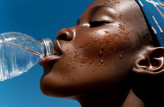 Closeup profile portrait of a young black African American fit athlete woman female drinking water from a plastic bottle. 